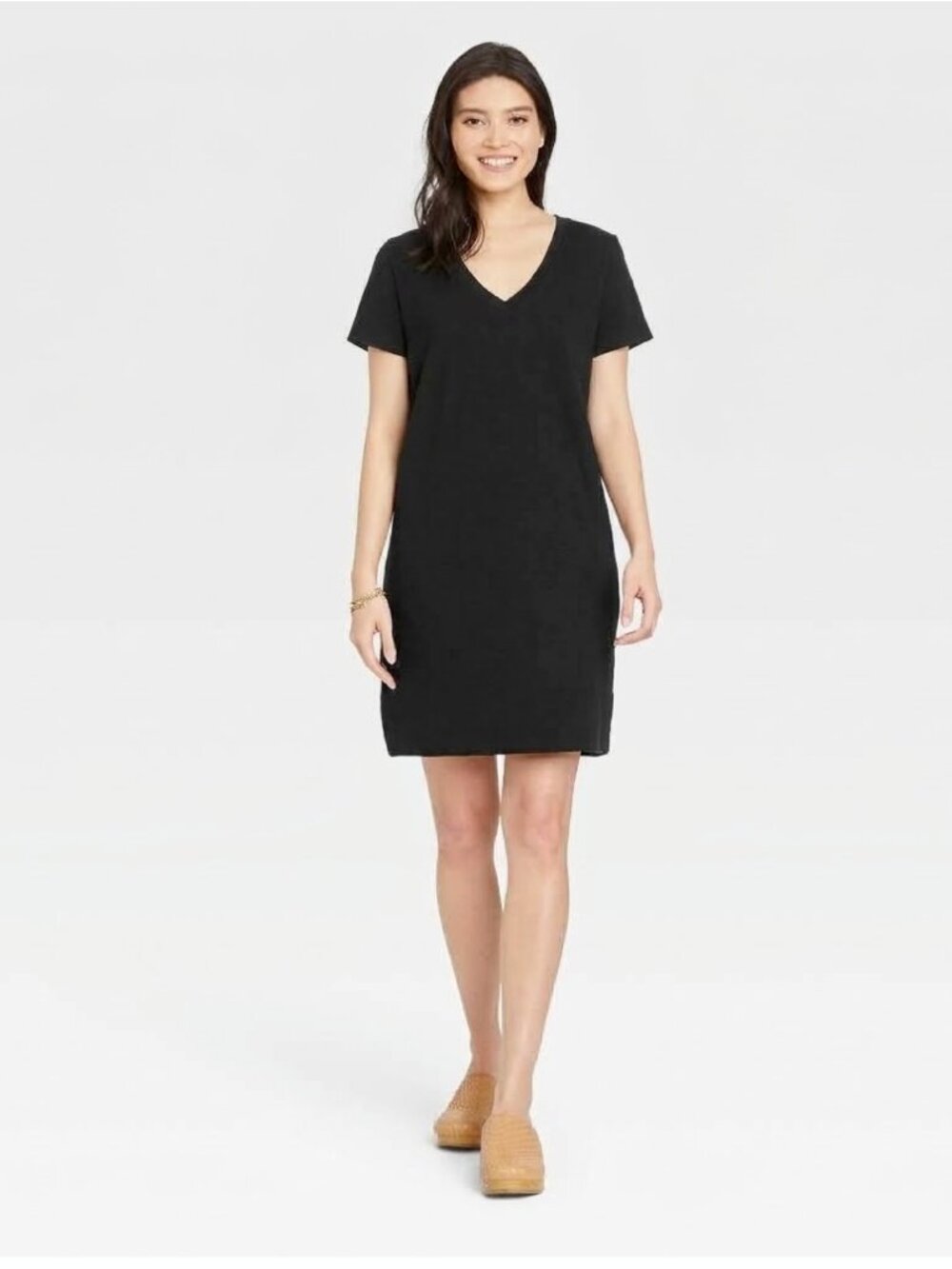 Universal Thread Womens Black Cotton V-Neck Short Sleeve T-Shirt Dress